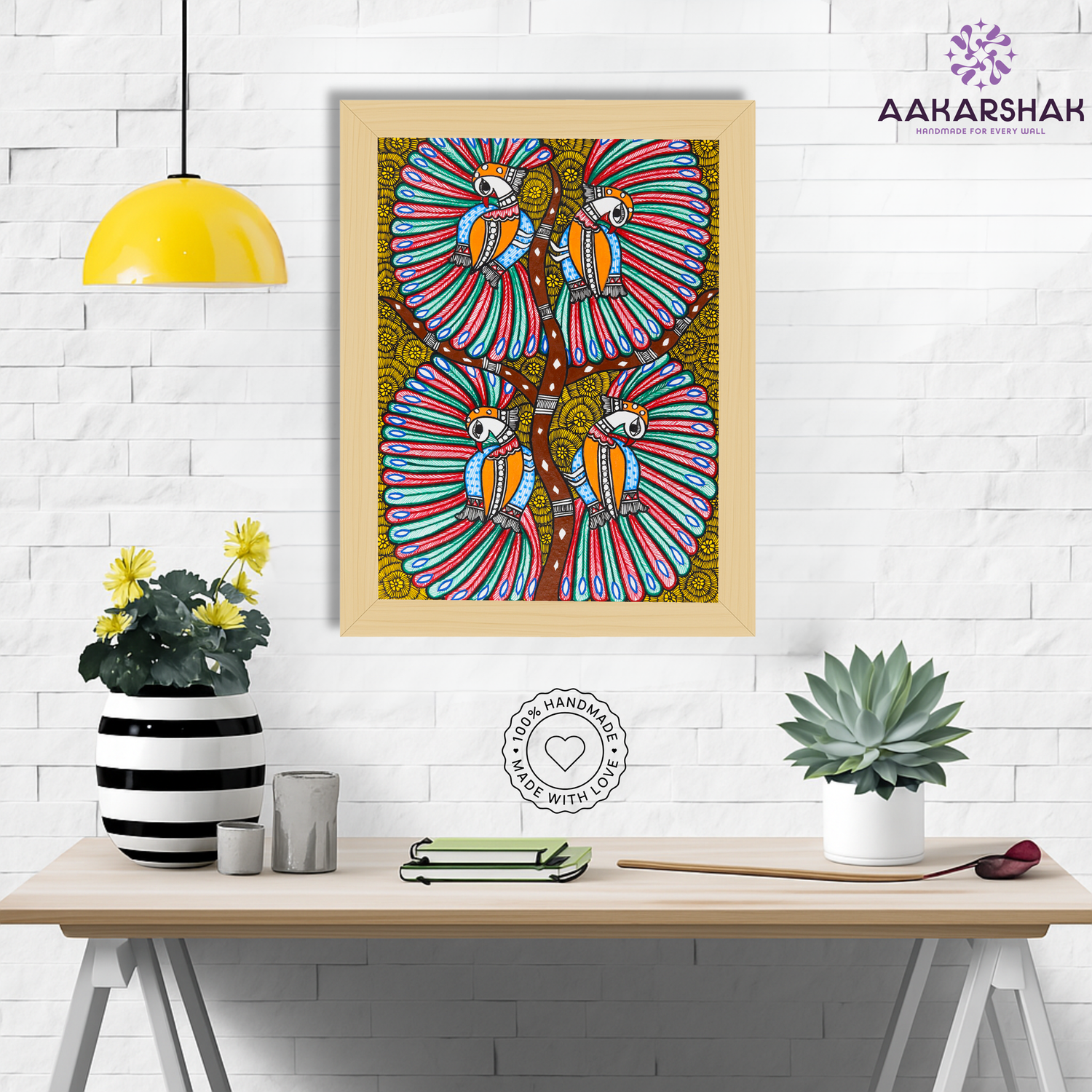 Framed artwork with dancing peacock design -handmade madhubani painting for home decor