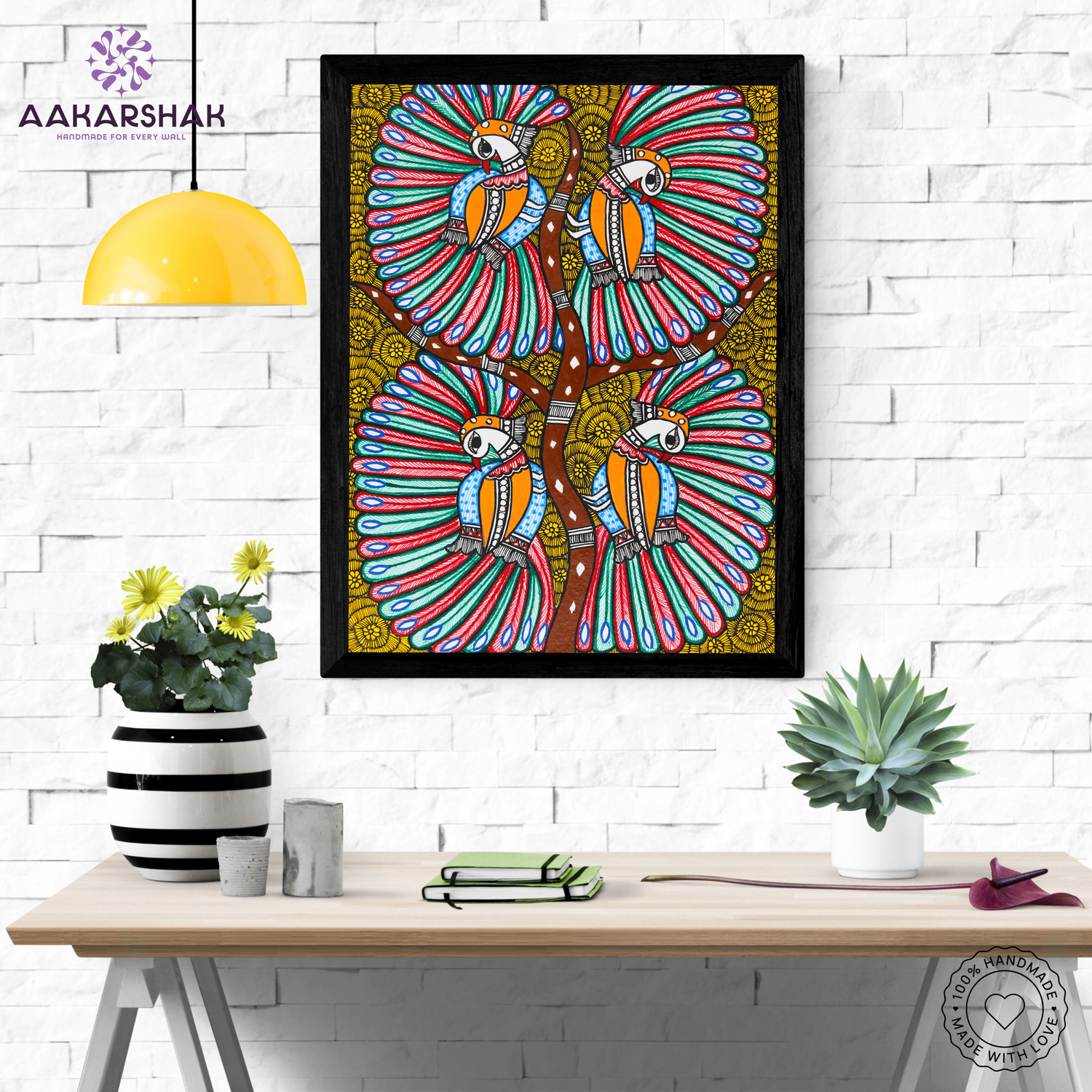 Framed artwork with dancing peacock design -handmade madhubani painting for home decor