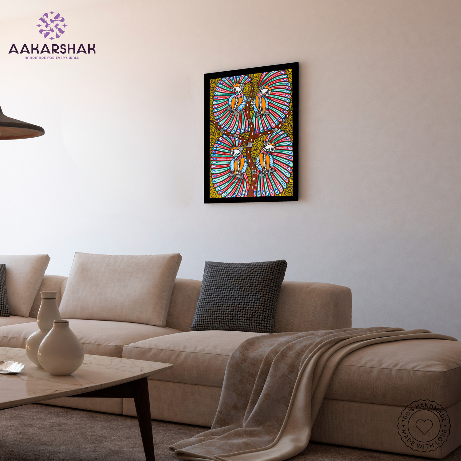 vibrant handmade dancing peacock painting-depicting indian folk traditions
