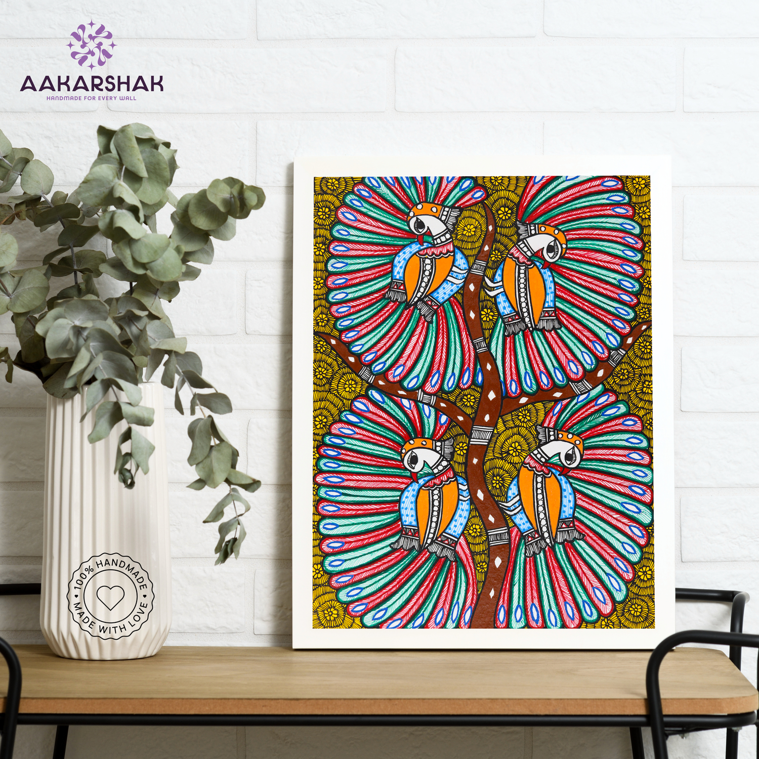 Framed artwork with dancing peacock design -handmade madhubani painting for home decor
