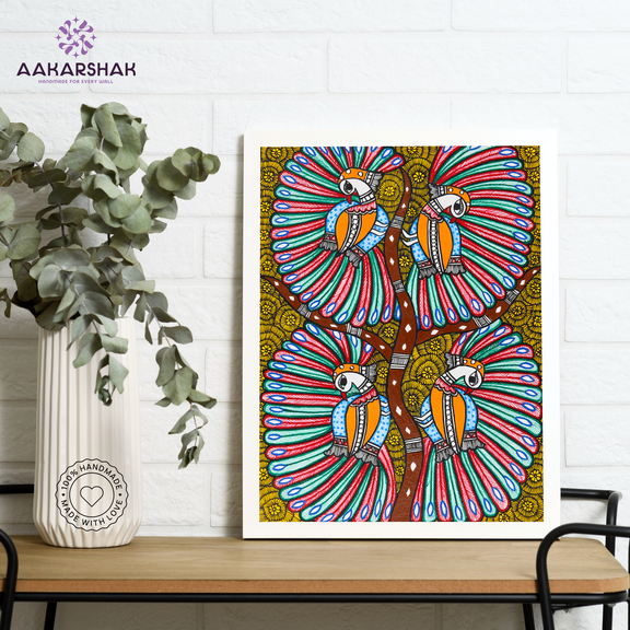 Framed artwork with dancing peacock design -handmade madhubani painting for home decor