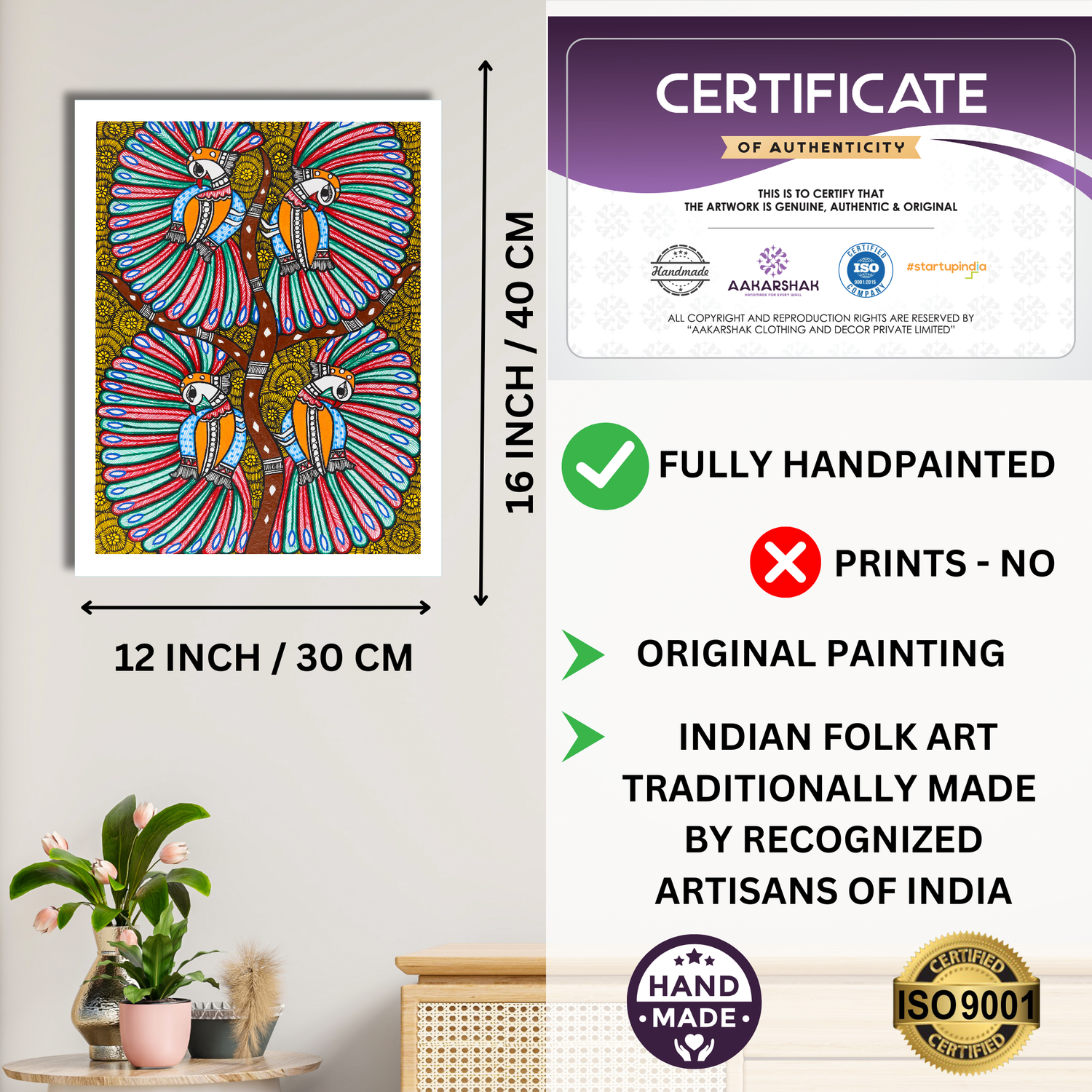 Framed artwork with dimensions, authenticity certificate and handmade iso certified-peacock madhubani painting
