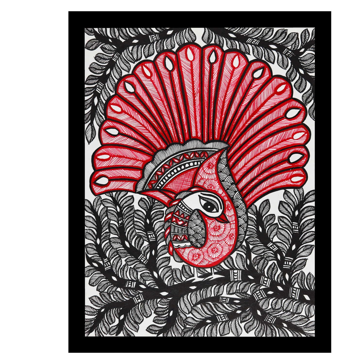 Framed artwork of a colorful dancing peacock -with handmade madhubani painting 