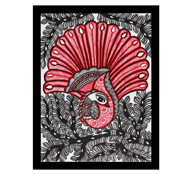 Framed artwork of a colorful dancing peacock -with handmade madhubani painting 
