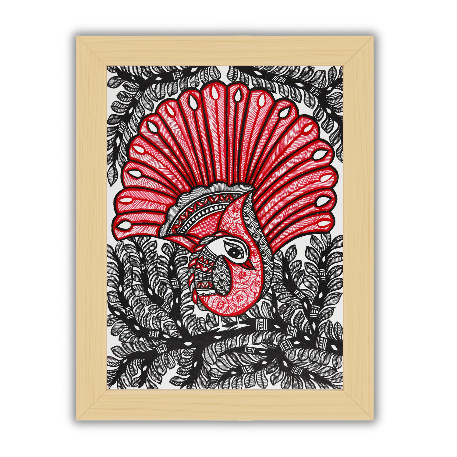 Framed artwork of a colorful dancing peacock -with handmade madhubani painting 