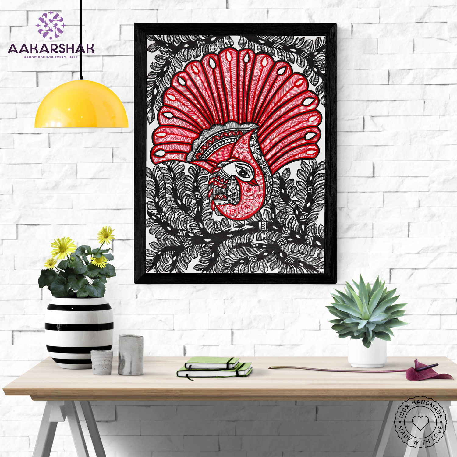 Framed artwork with dancing peacock design -handmade madhubani painting for home decor