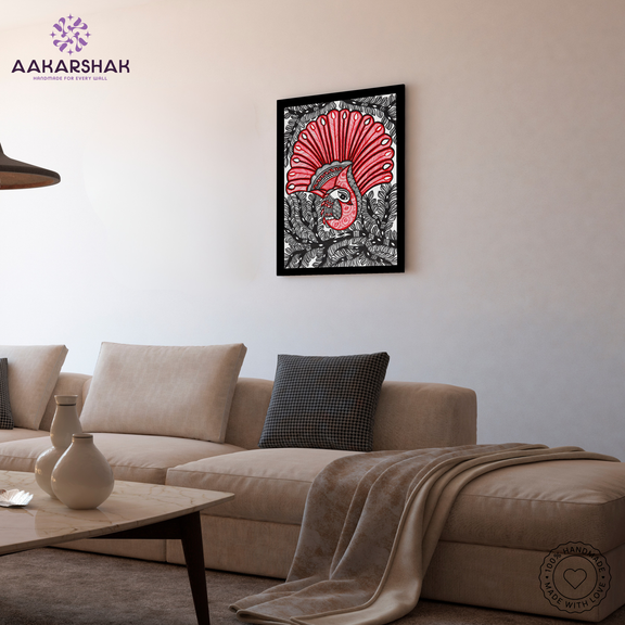 vibrant handmade dancing peacock painting-depicting indian folk traditions