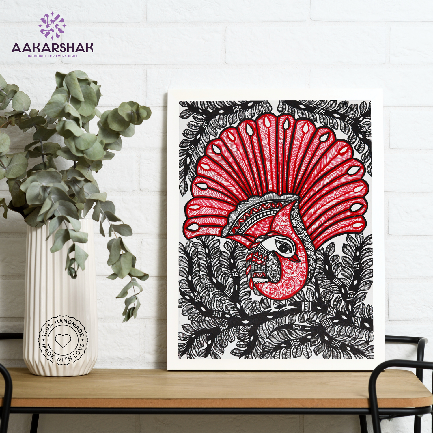 Framed artwork with dancing peacock design -handmade madhubani painting for home decor