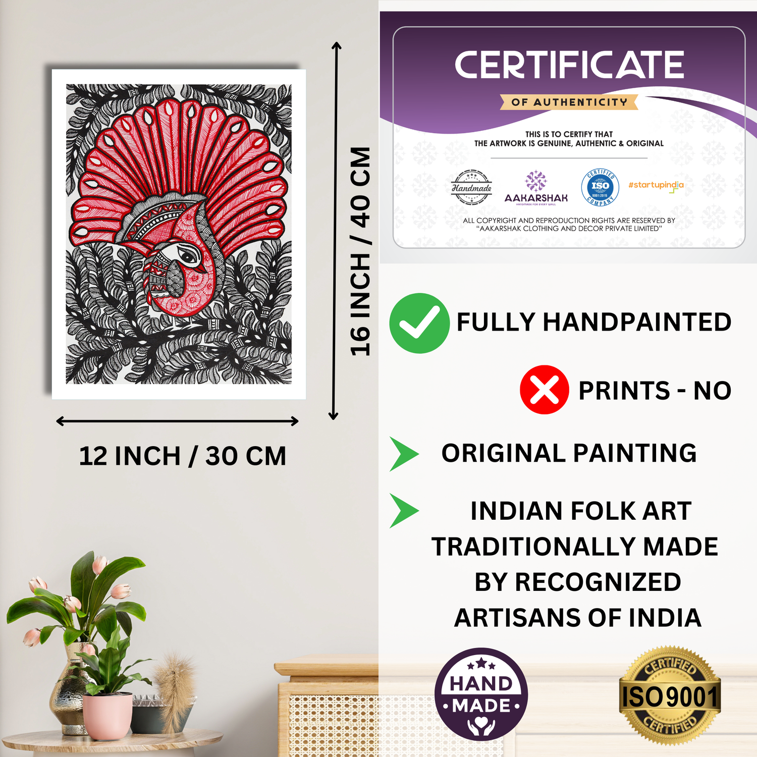 Framed artwork with dimensions, authenticity certificate and handmade iso certified-peacock madhubani painting