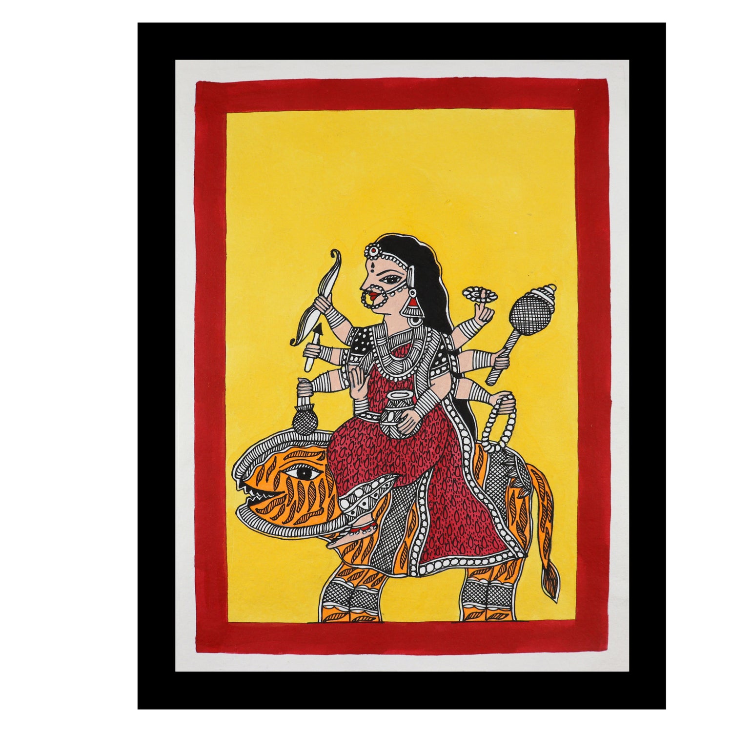 Framed artwork of a colorful druga -with handmade madhubani painting 