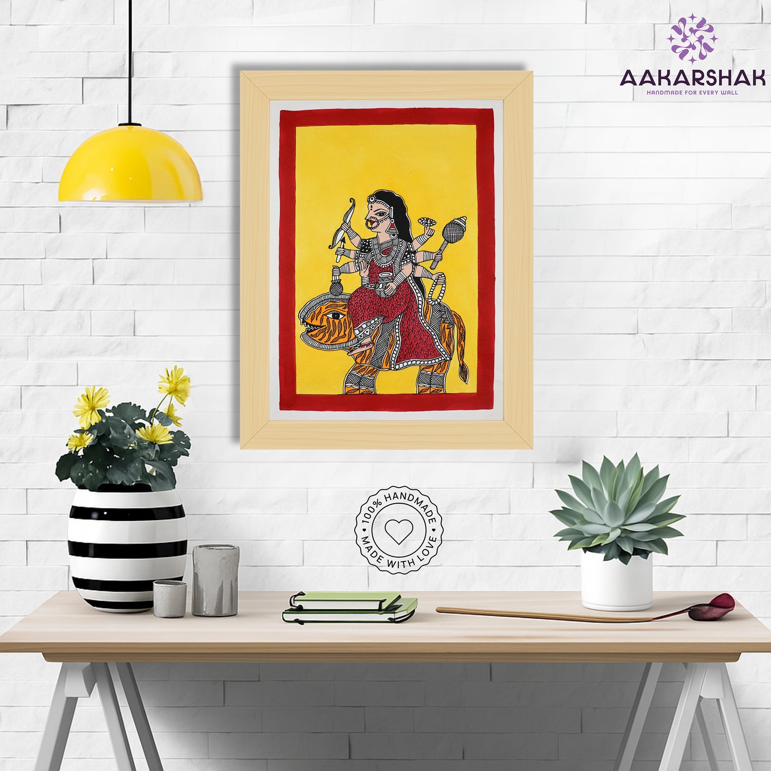 Framed artwork with durga design -handmade madhubani painting for home decor