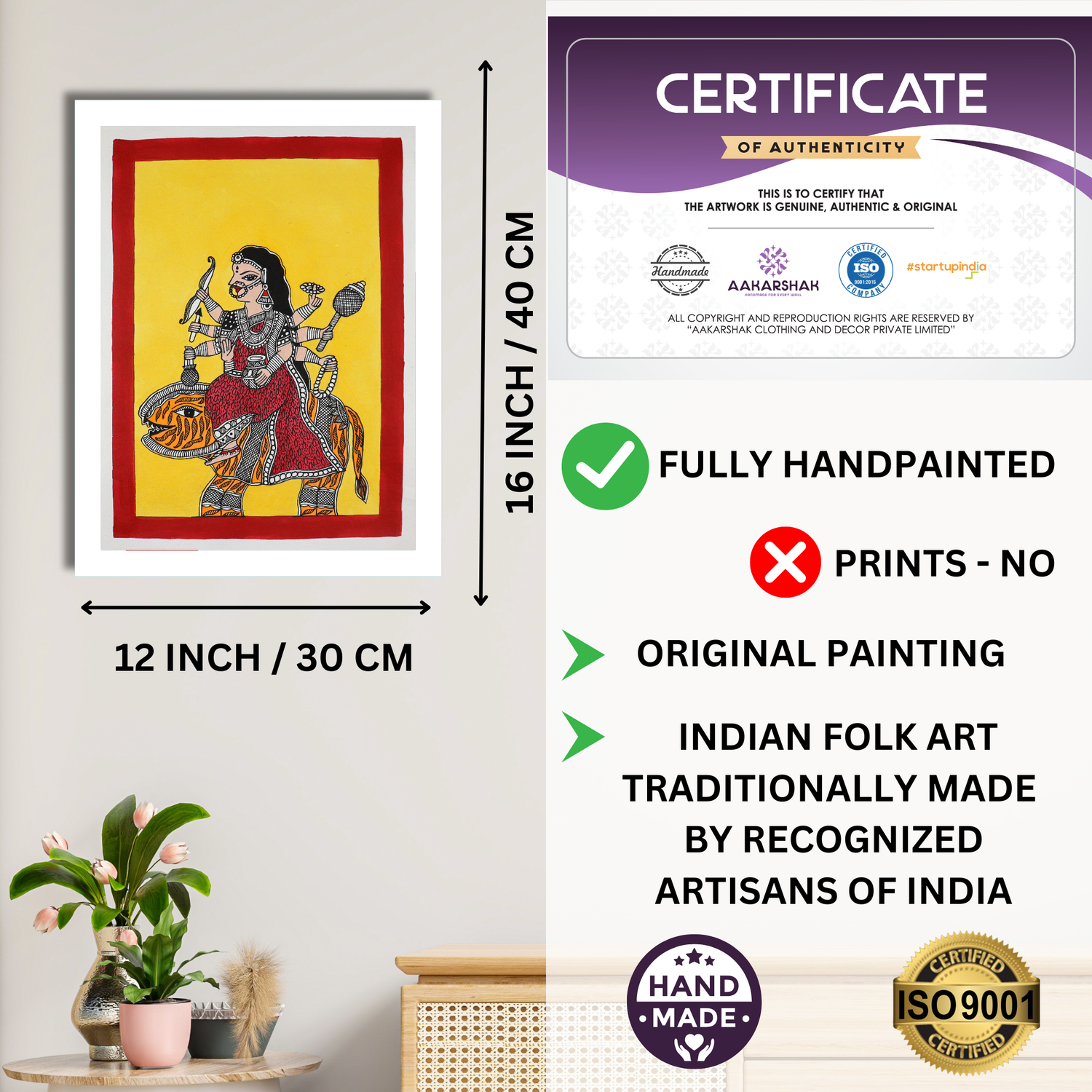 Framed artwork with dimensions, authenticity certificate and handmade iso certified-durga madhubani painting
