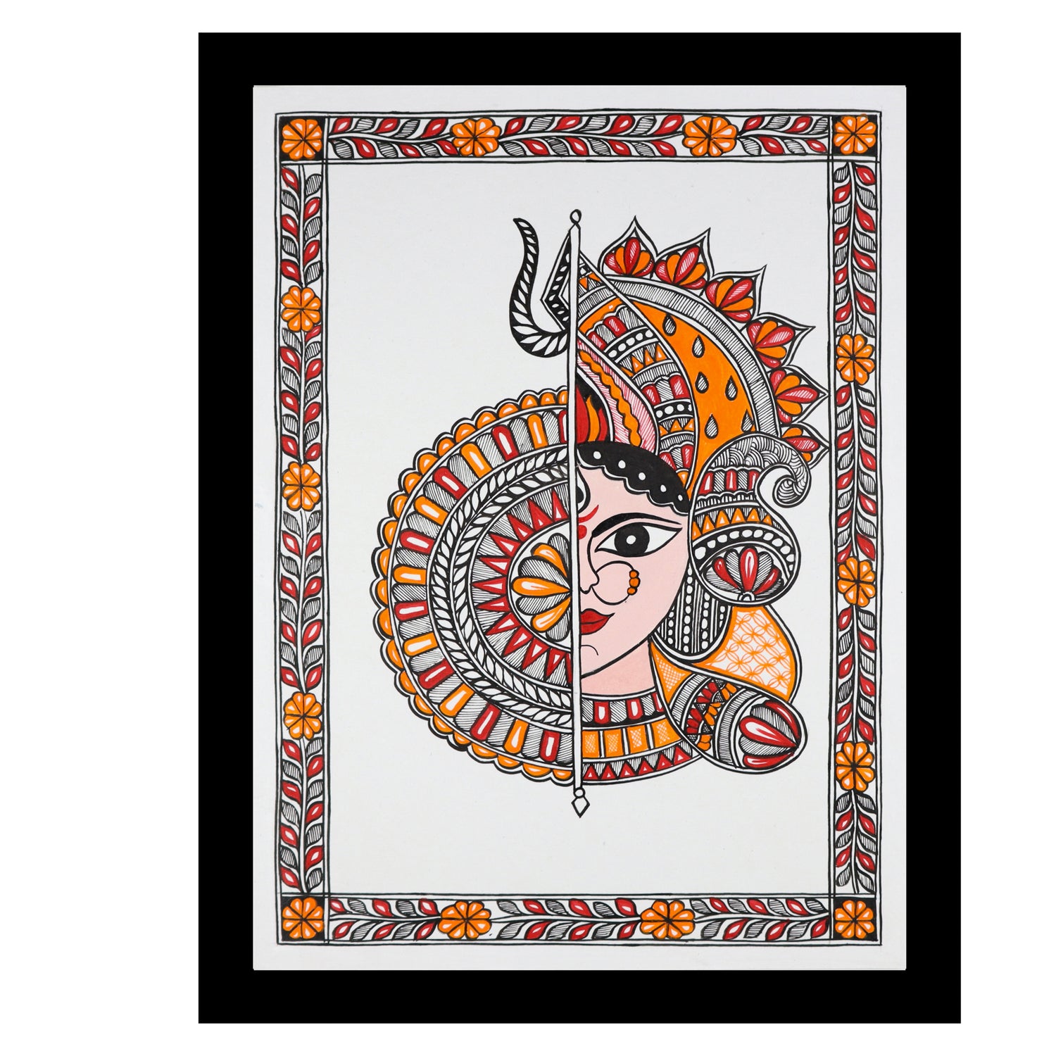 Framed artwork of a colorful druga -with handmade madhubani painting 