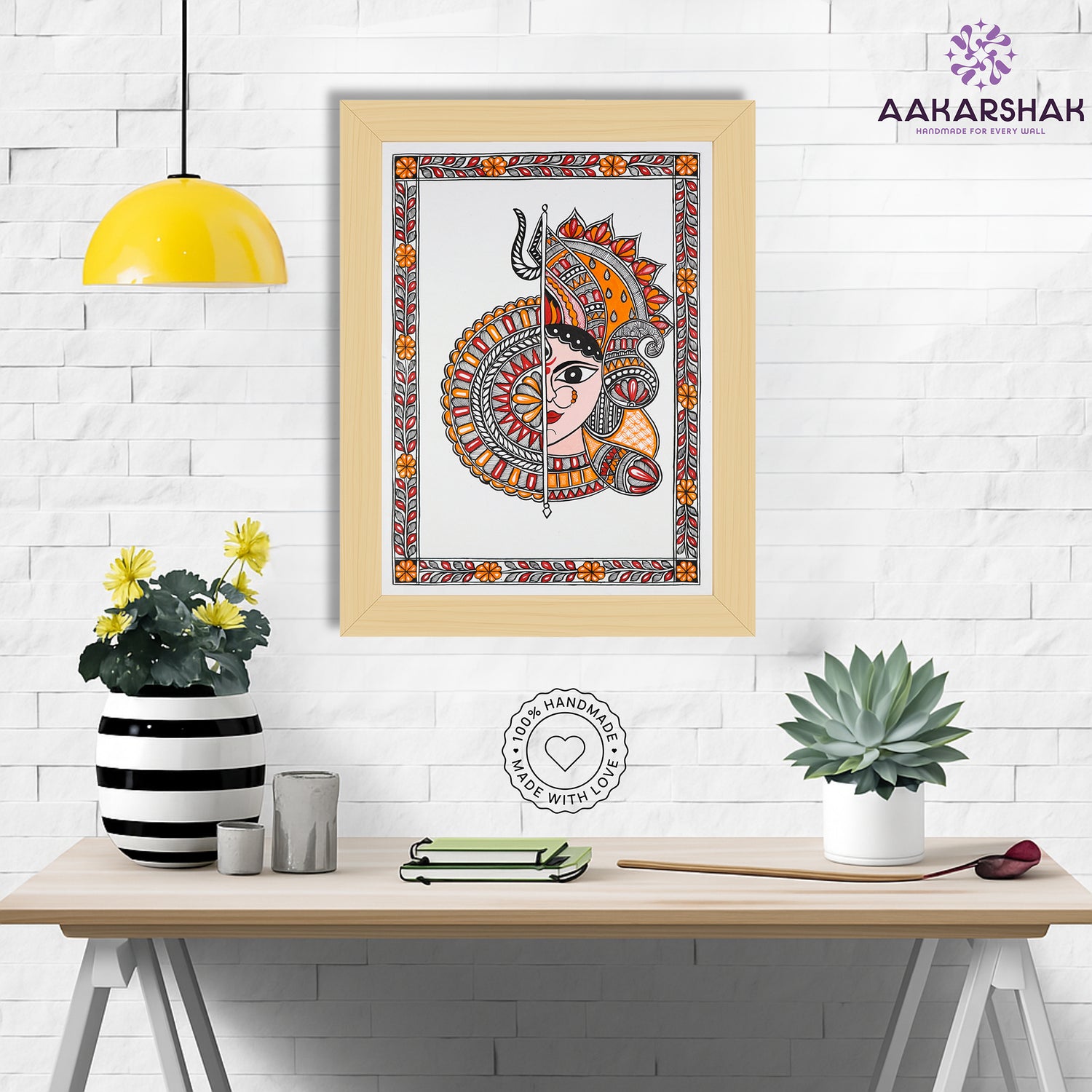 Framed artwork with durga design -handmade madhubani painting for home decor