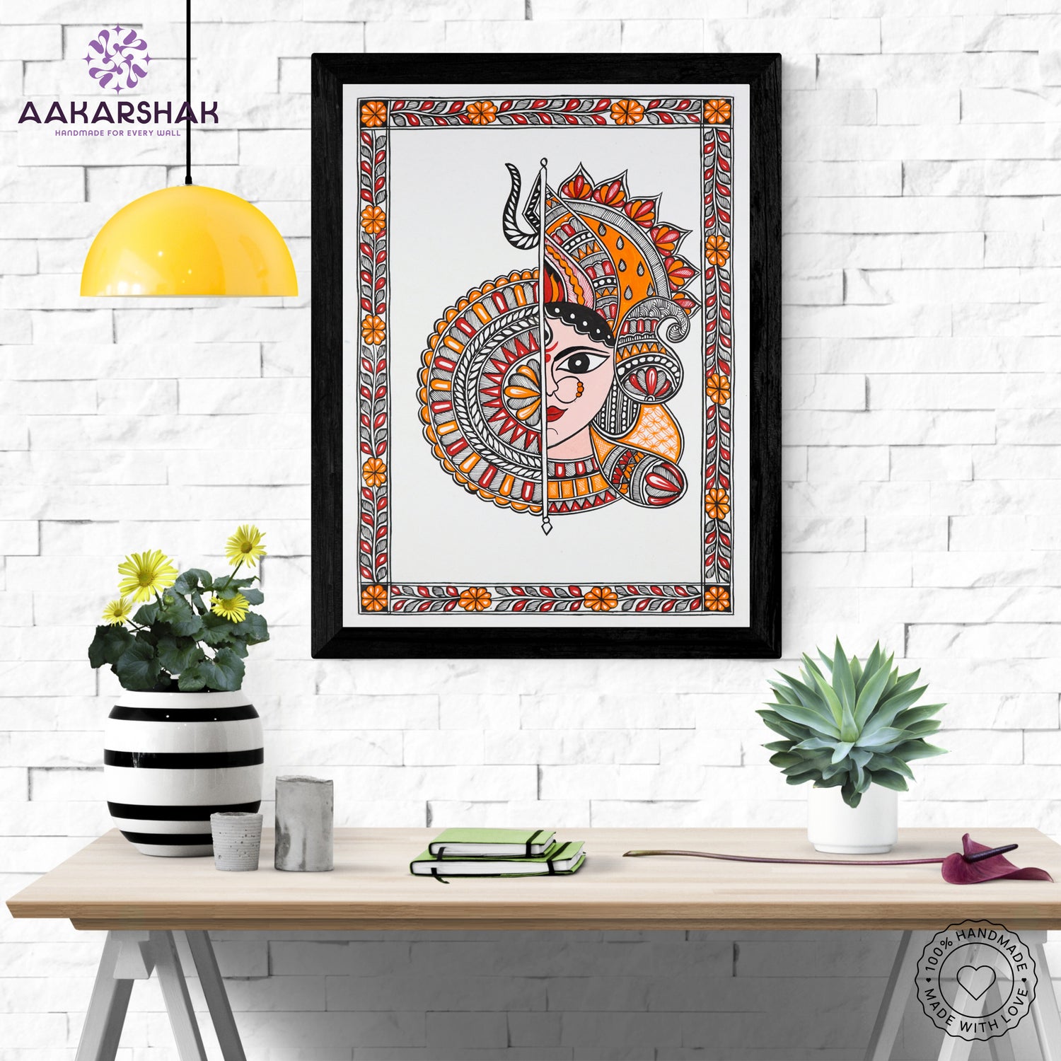 Framed artwork with durga design -handmade madhubani painting for home decor