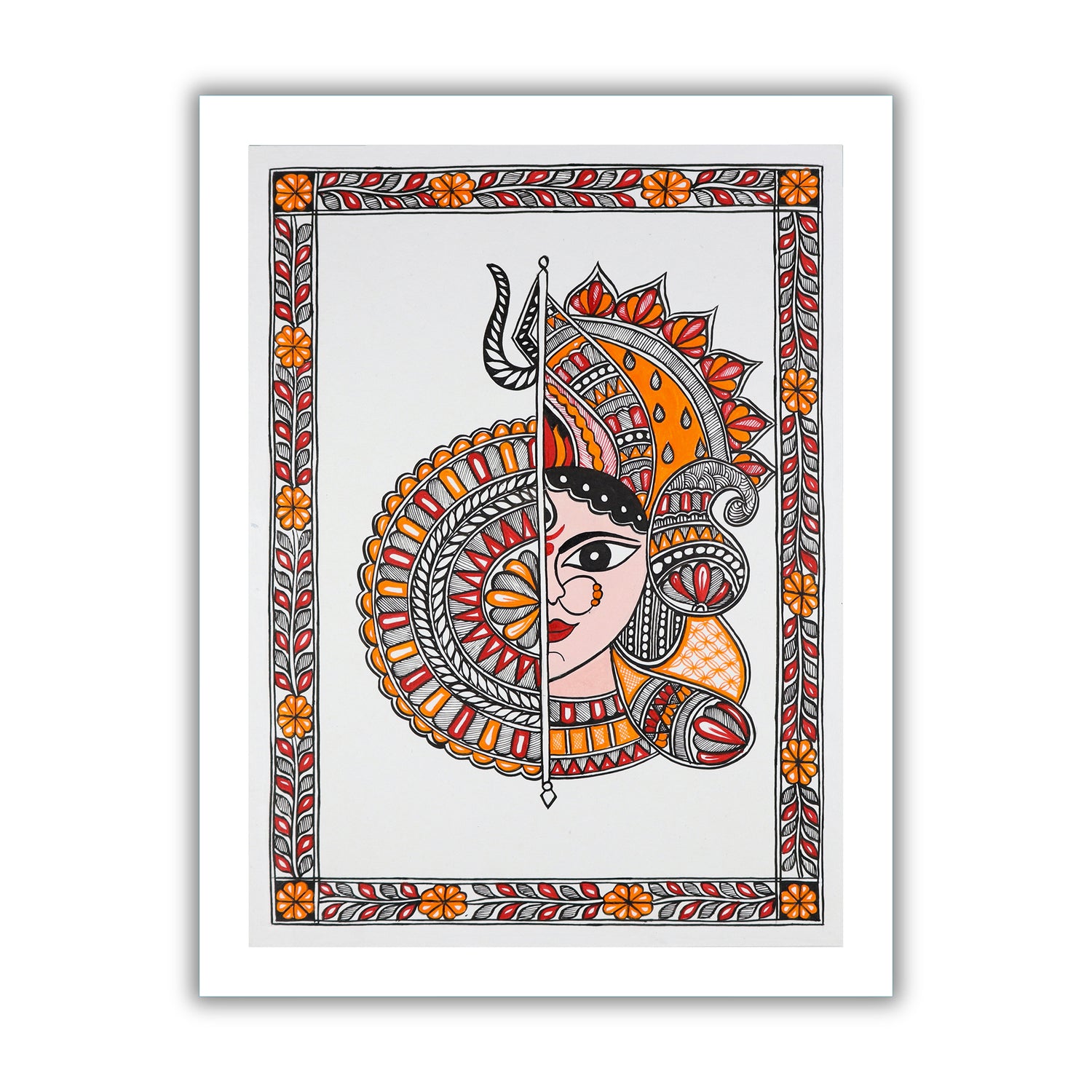 Framed artwork of a colorful druga -with handmade madhubani painting 