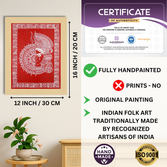 Framed artwork with dimensions, authenticity certificate and handmade iso certified-durga madhubani painting