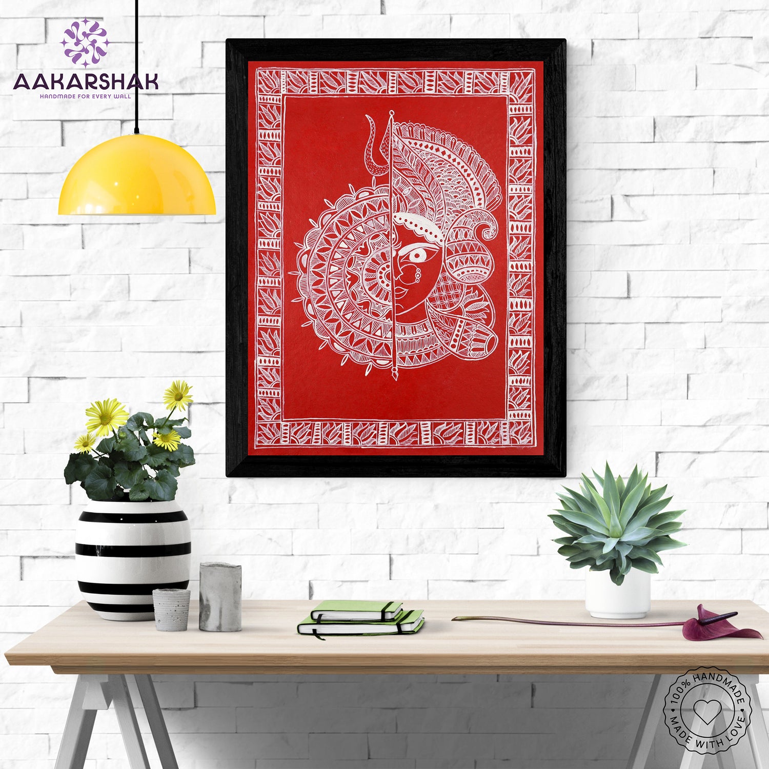 Framed artwork with durga design -handmade madhubani painting for home decor