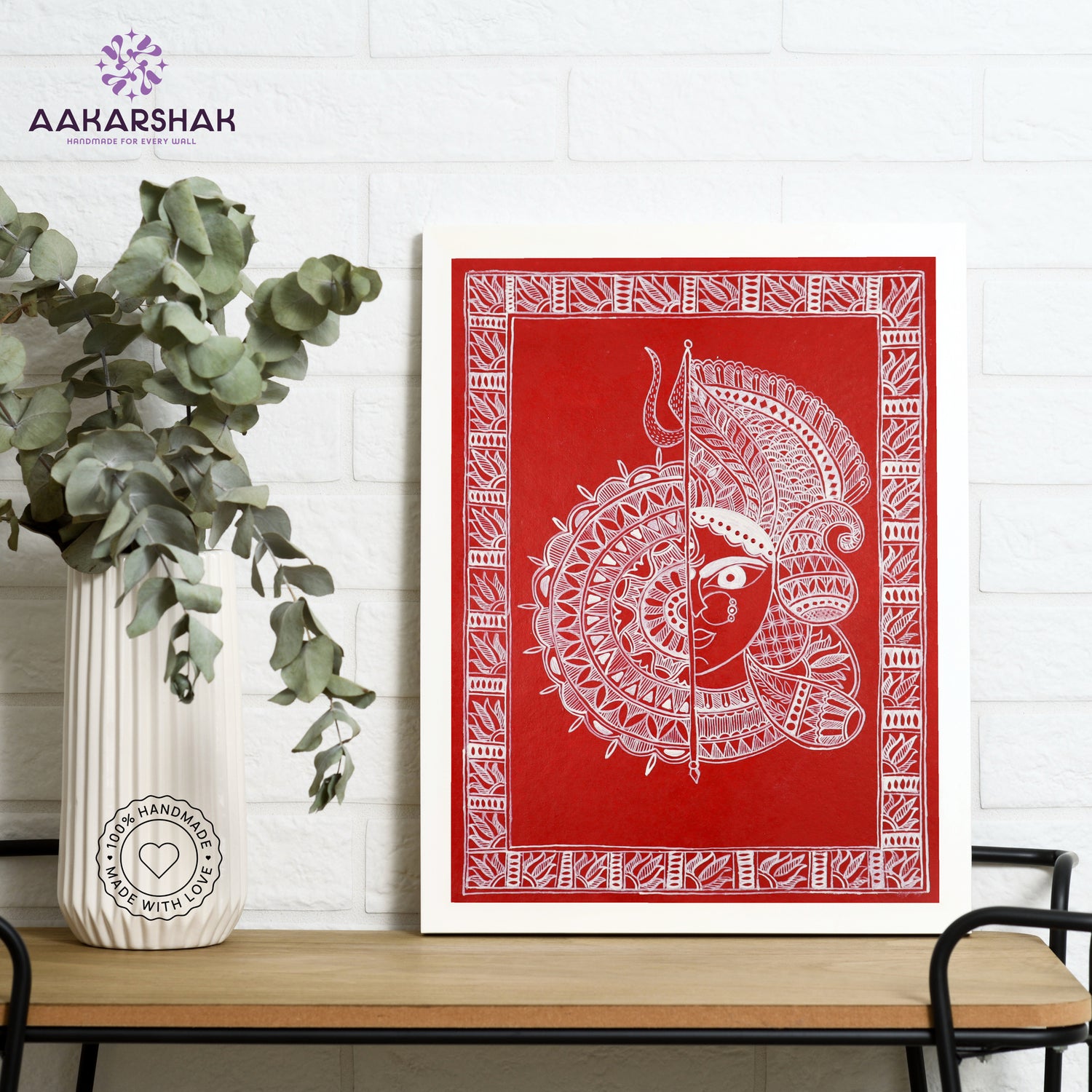 Framed artwork with durga design -handmade madhubani painting for home decor