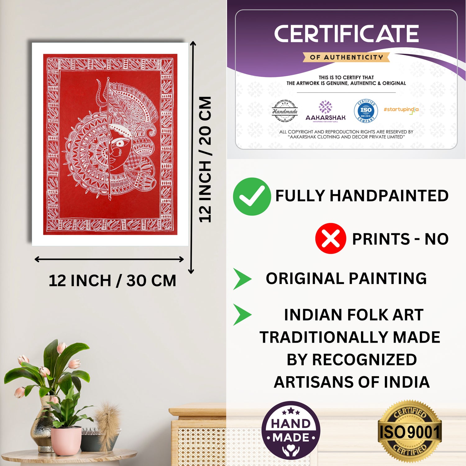Framed artwork with dimensions, authenticity certificate and handmade iso certified-durga madhubani painting