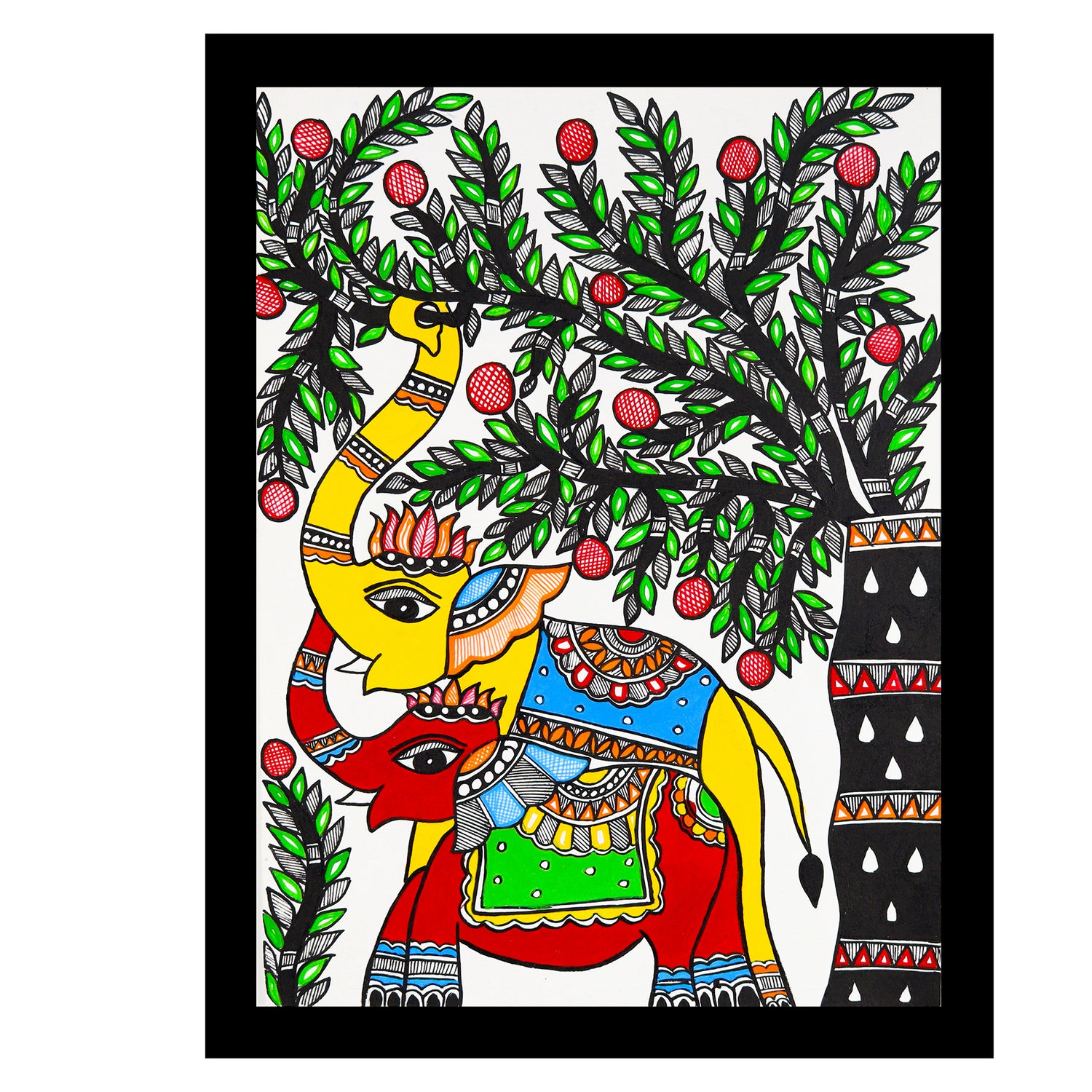 Framed artwork of a colorful elephant-with handmade madhubani painting 
