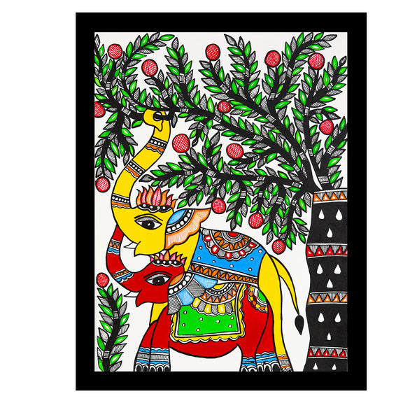 Framed artwork of a colorful elephant-with handmade madhubani painting 
