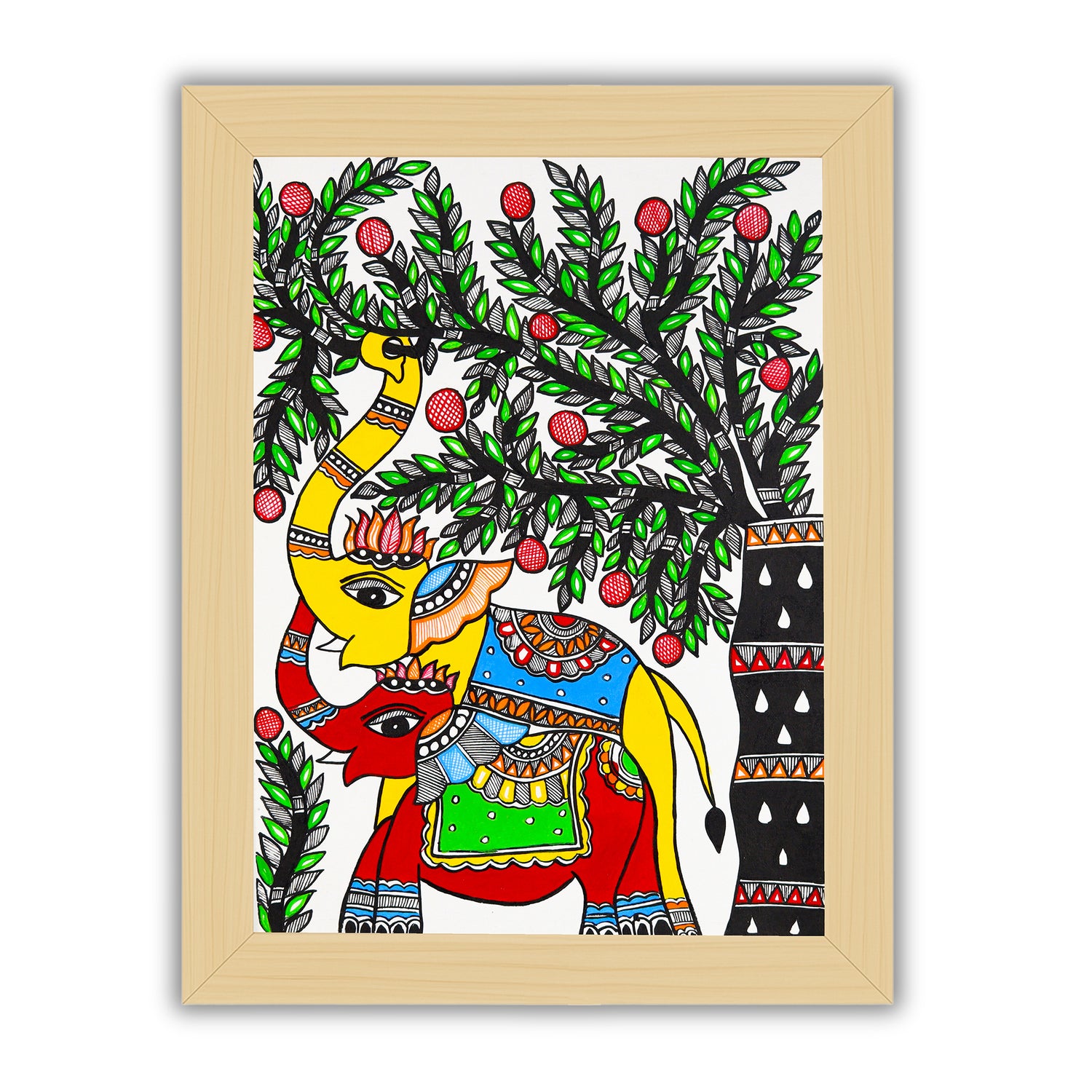 Framed artwork of a colorful elephant-with handmade madhubani painting 