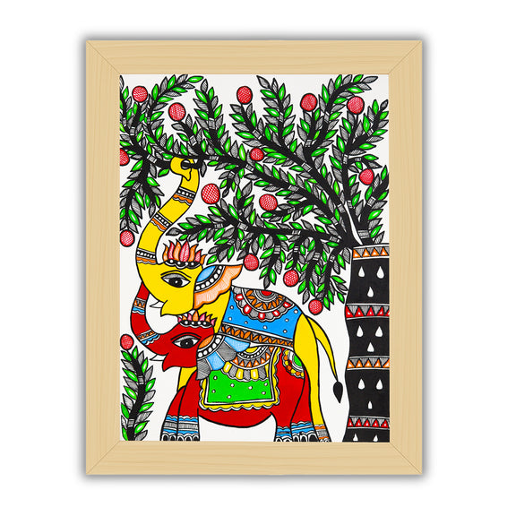 Framed artwork of a colorful elephant-with handmade madhubani painting 