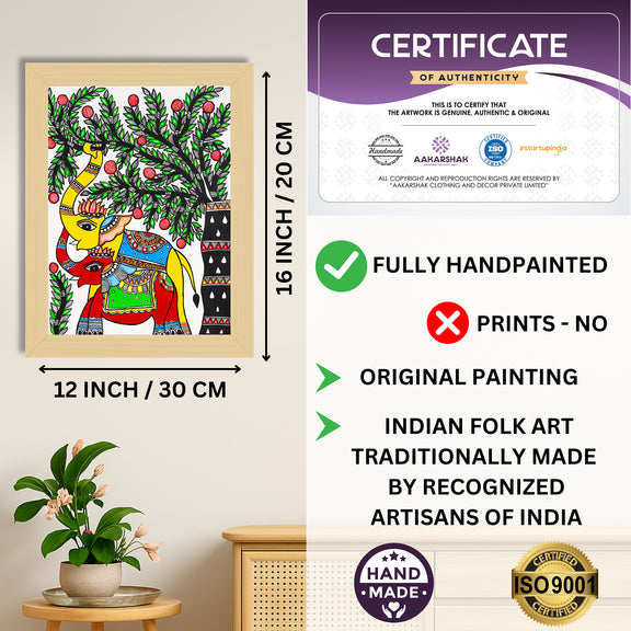 Framed artwork with dimensions, authenticity certificate and handmade iso certified-elephant madhubani painting