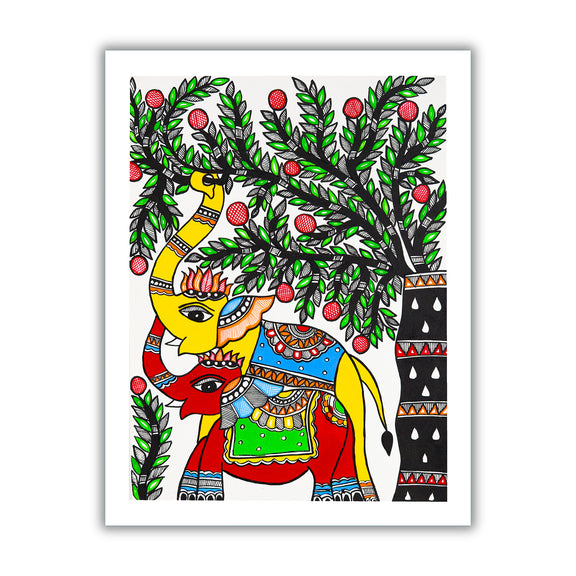 Framed artwork of a colorful elephant-with handmade madhubani painting 
