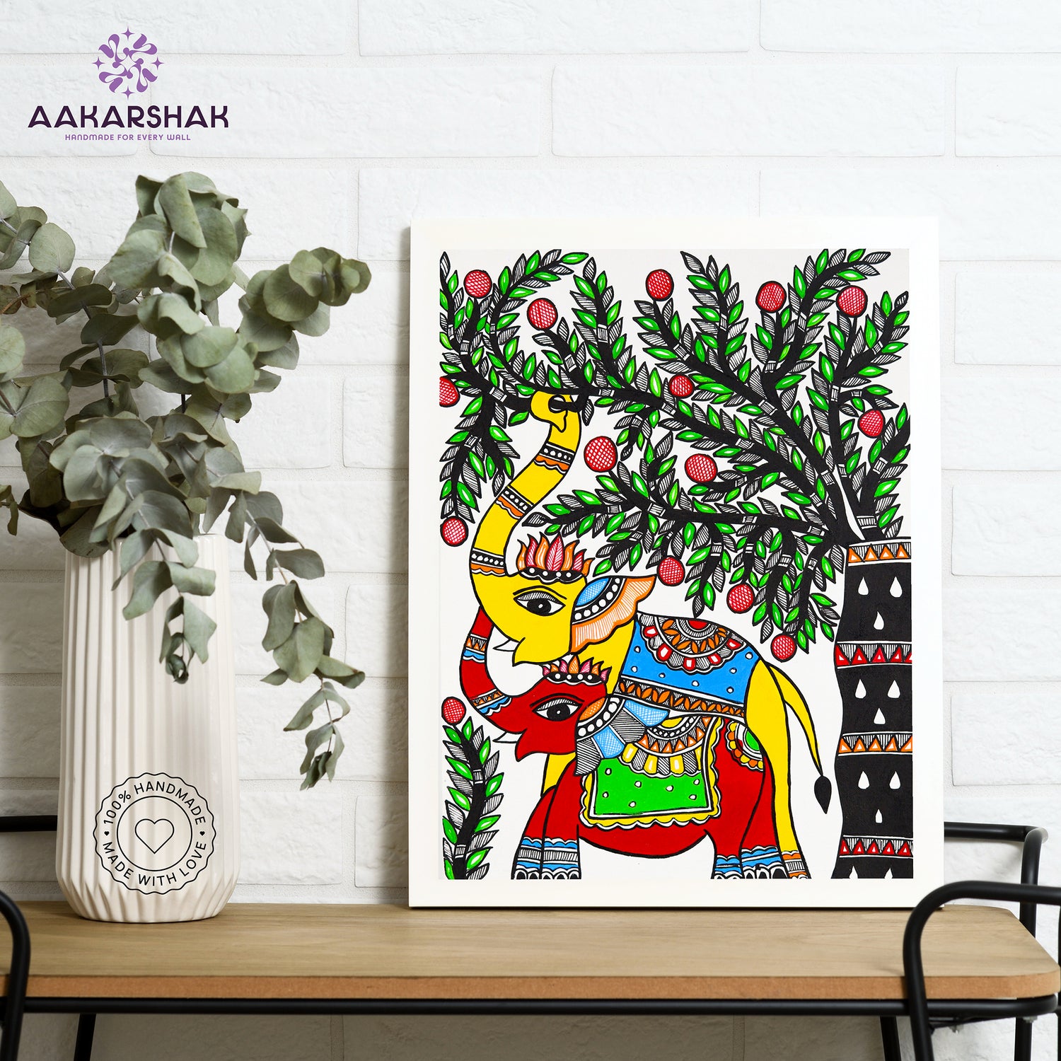 Framed artwork with dimensions, authenticity certificate and handmade iso certified-elephant madhubani painting