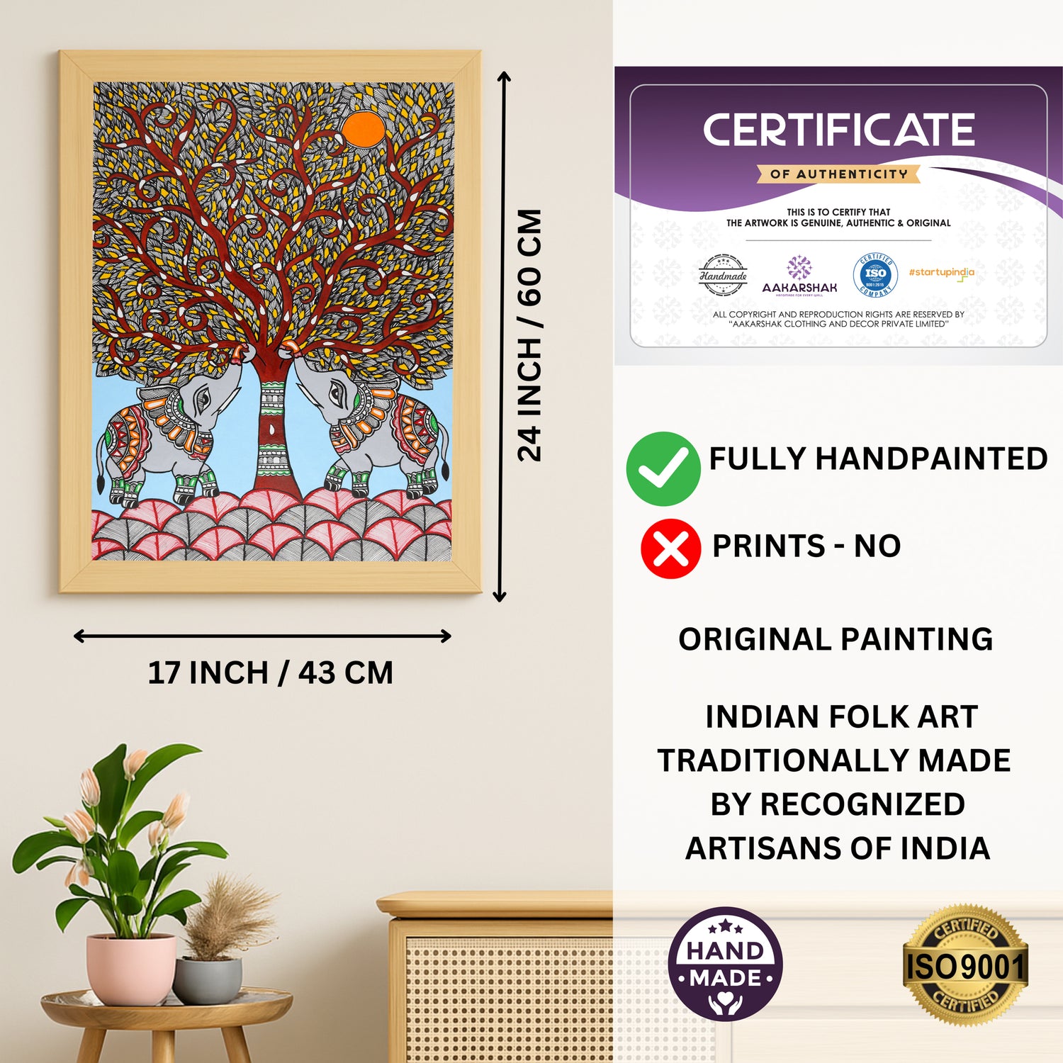 Framed artwork with dimensions, authenticity certificate and handmade iso certified-elephant tree of life madhubani painting
