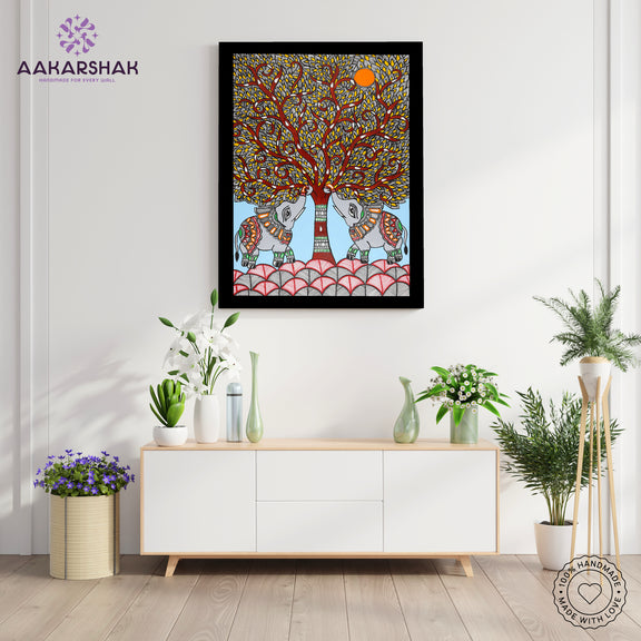 Framed artwork with elephant tree of life design -handmade madhubani painting for home decor