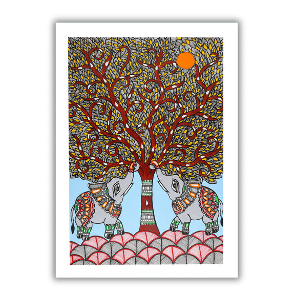Framed artwork of a colorful elephant tree of life-with handmade madhubani 