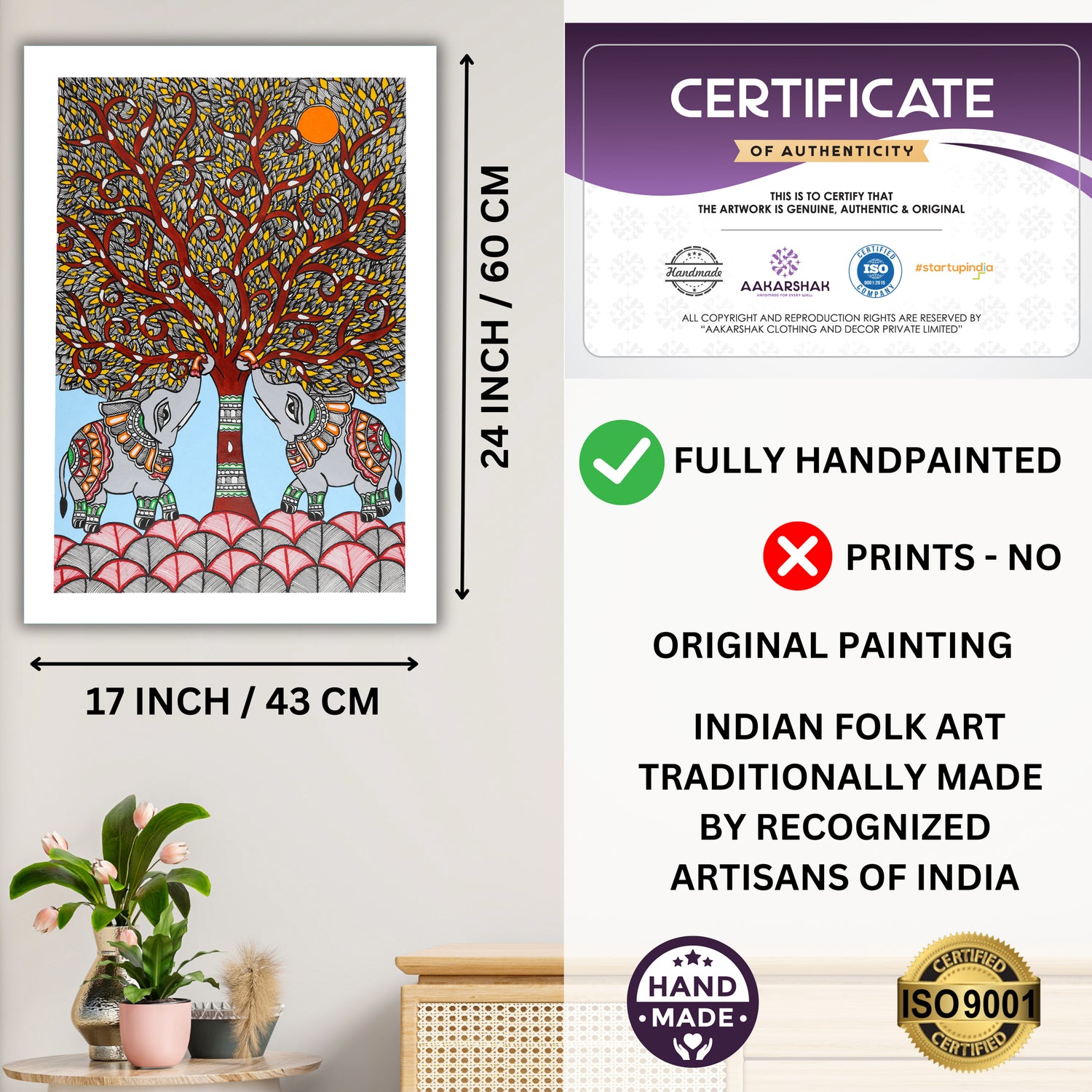 Framed artwork with dimensions, authenticity certificate and handmade iso certified-elephant tree of life madhubani painting