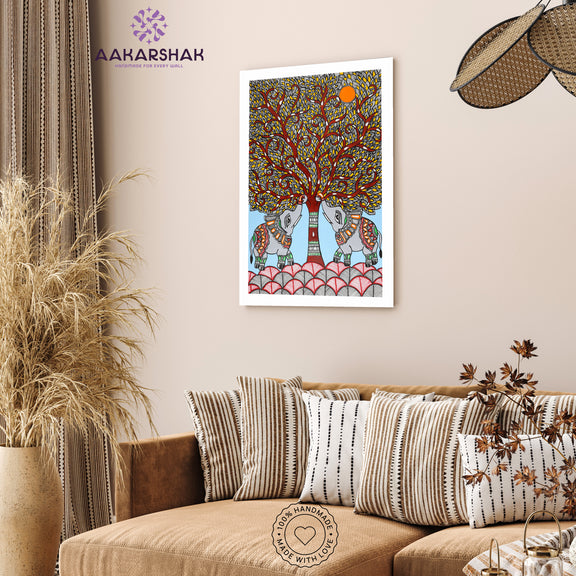 vibrant handmade elephant tree of life painting-depicting indian folk 
