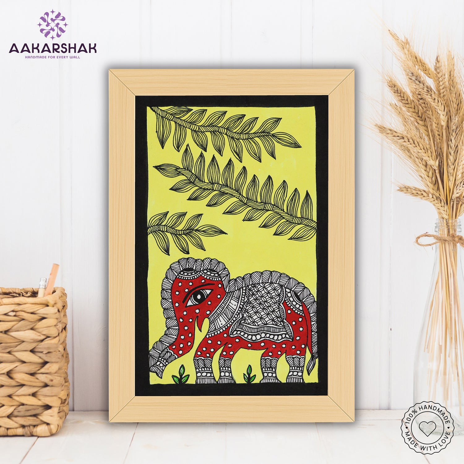 handmade madhubani painting elephant painting-with tabletop stand for home decor
