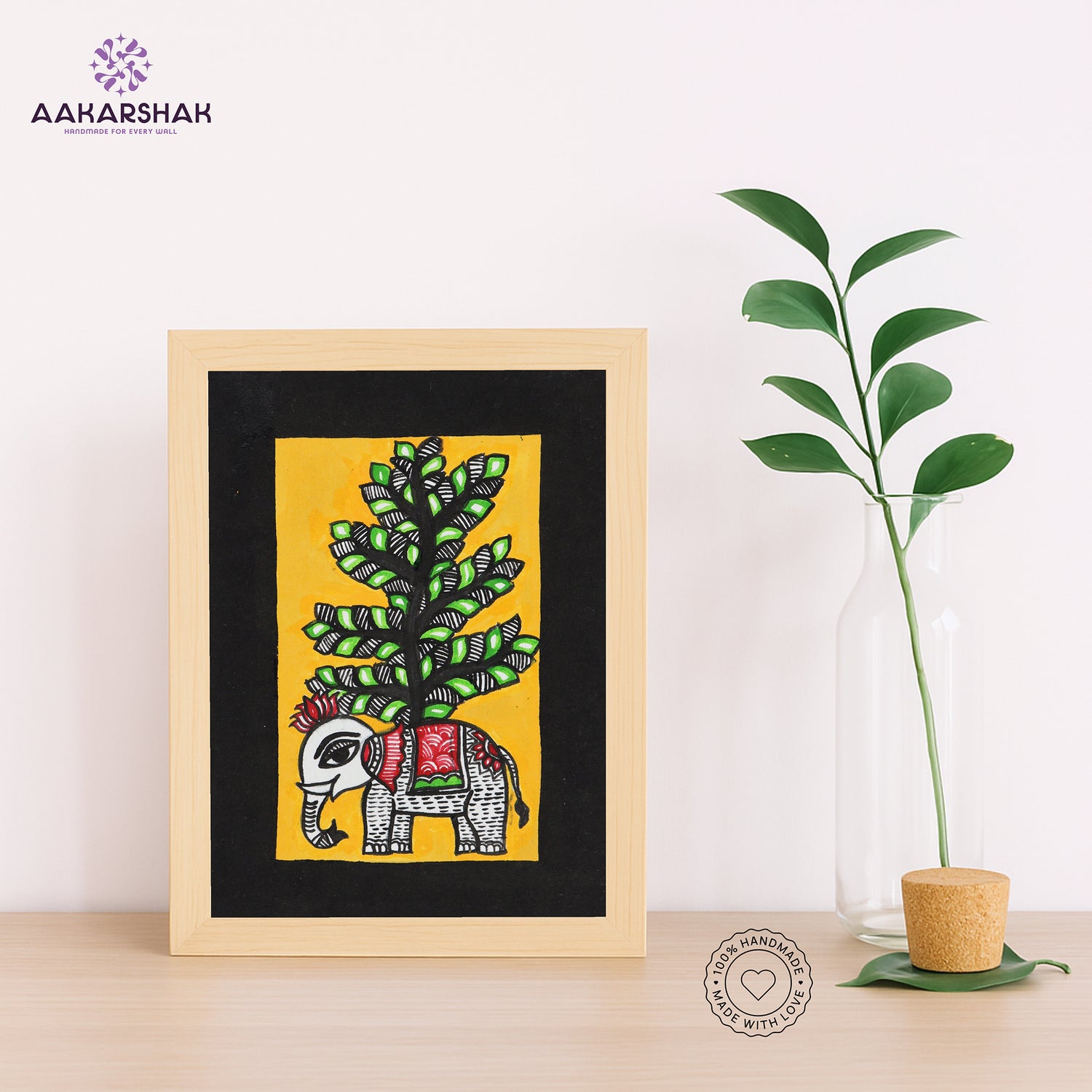 Handmade Madhubani elephant painting-with tabletop stand for home decor
