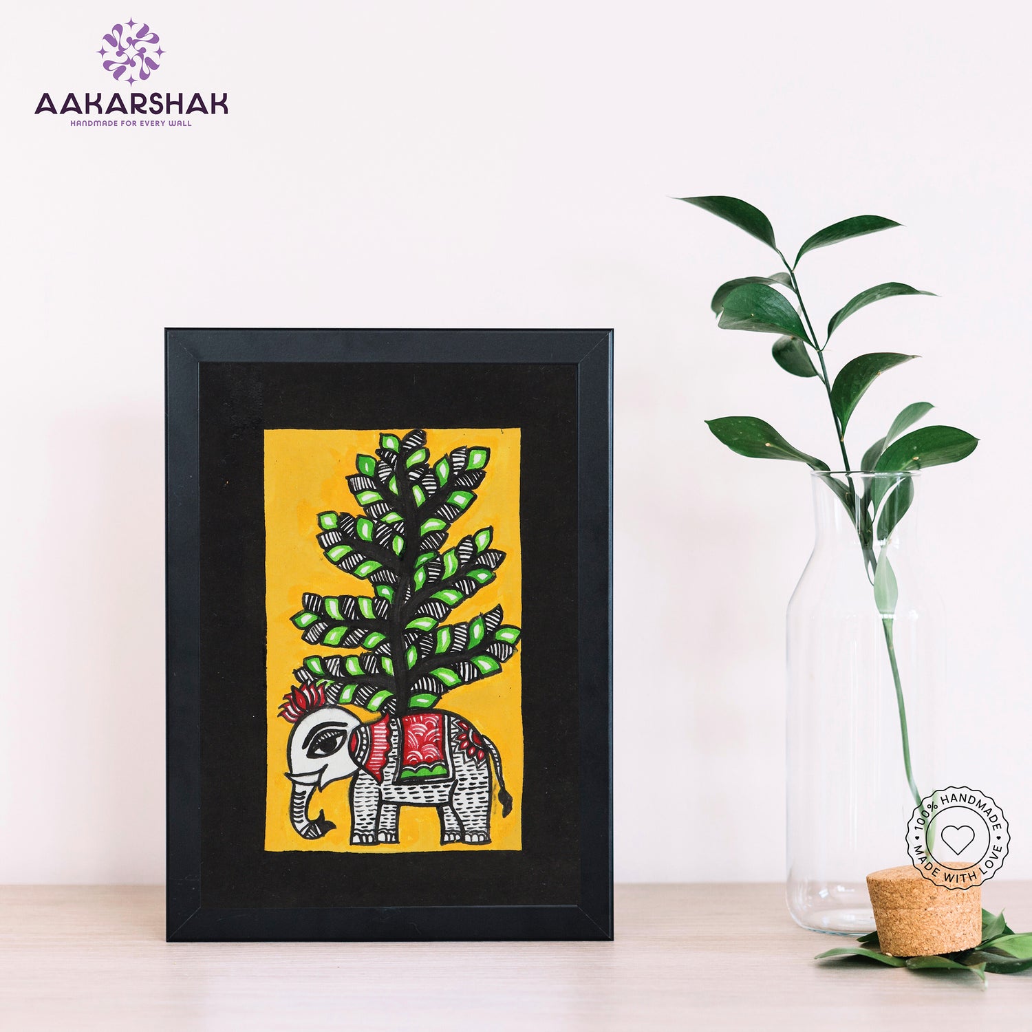 Handmade Madhubani elephant painting-with tabletop stand for home decor
