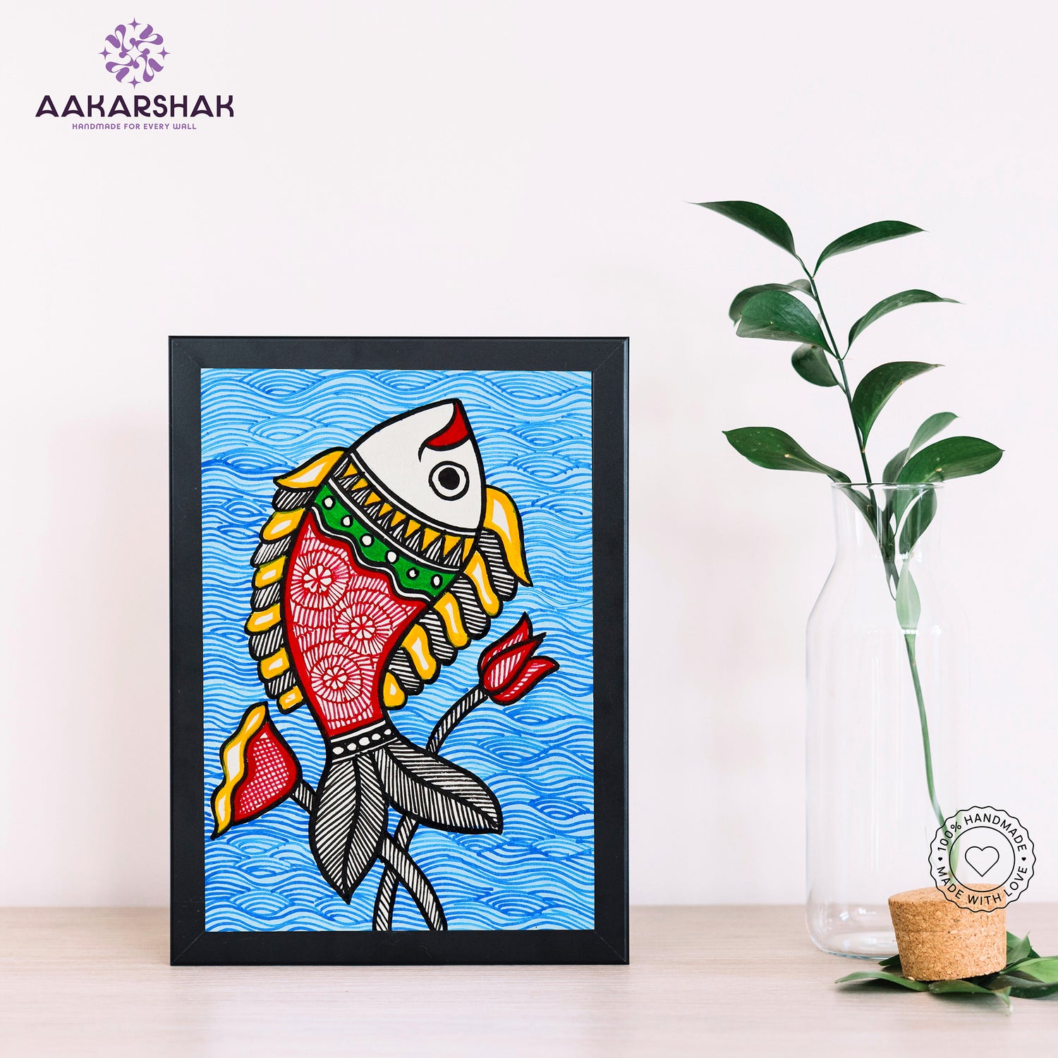 Handmade Madhubani Fish painting-with tabletop stand for home decor