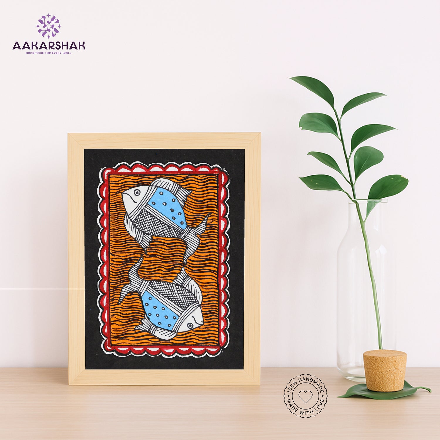 Handmade Madhubani fish painting-with tabletop stand for home decor
