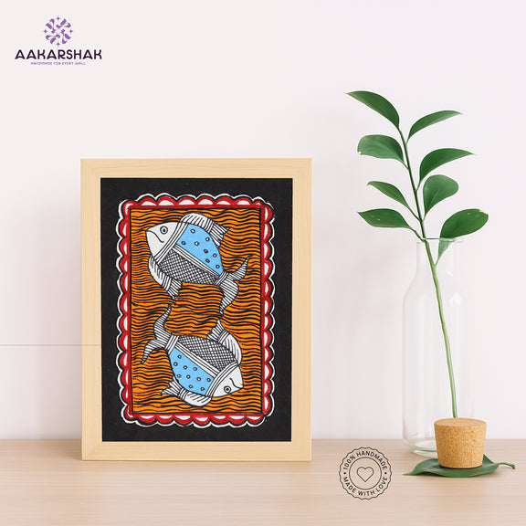Handmade Madhubani fish painting-with tabletop stand for home decor
