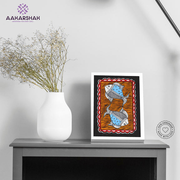 Handmade Madhubani fish painting-with tabletop stand for home decor
