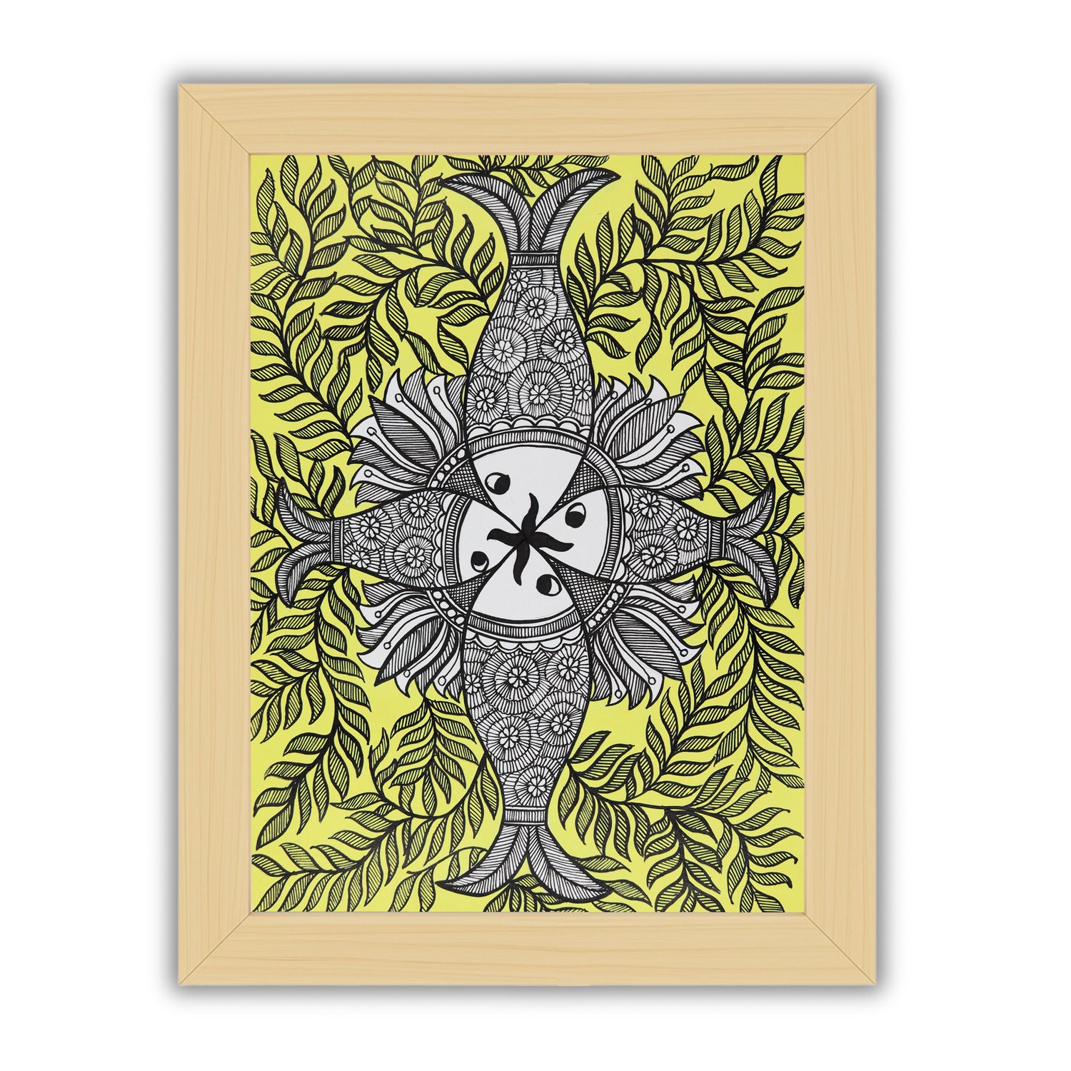 Framed artwork of a colorful fish -with handmade madhubani painting 
