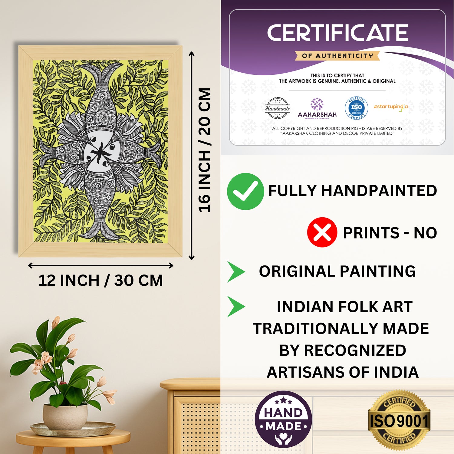 Framed artwork with dimensions, authenticity certificate and handmade iso certified-fish madhubani painting