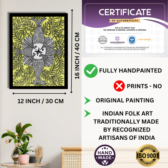 Framed artwork with dimensions, authenticity certificate and handmade iso certified-fish madhubani painting
