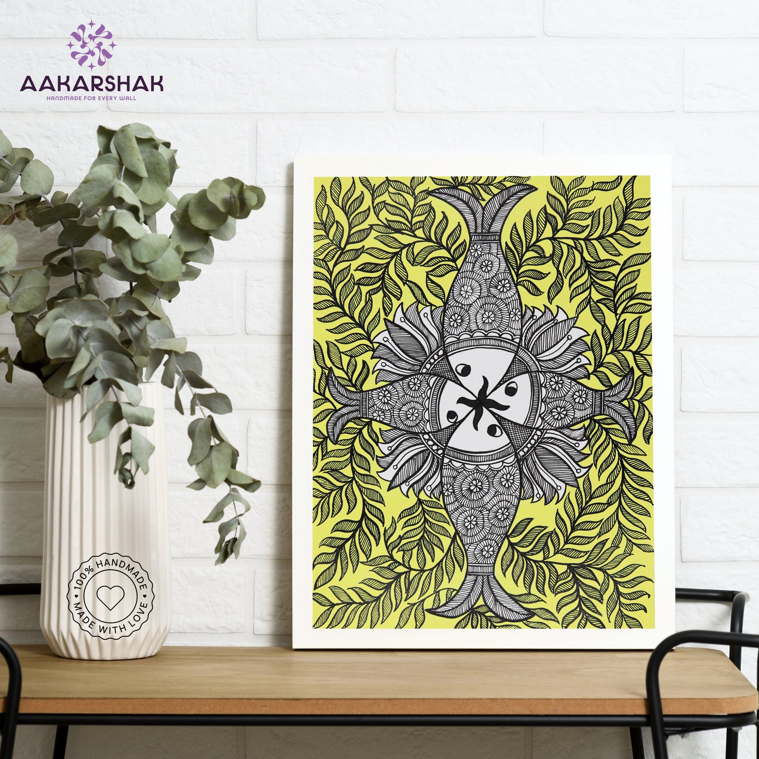 Framed artwork with fish design -handmade madhubani painting for home decor