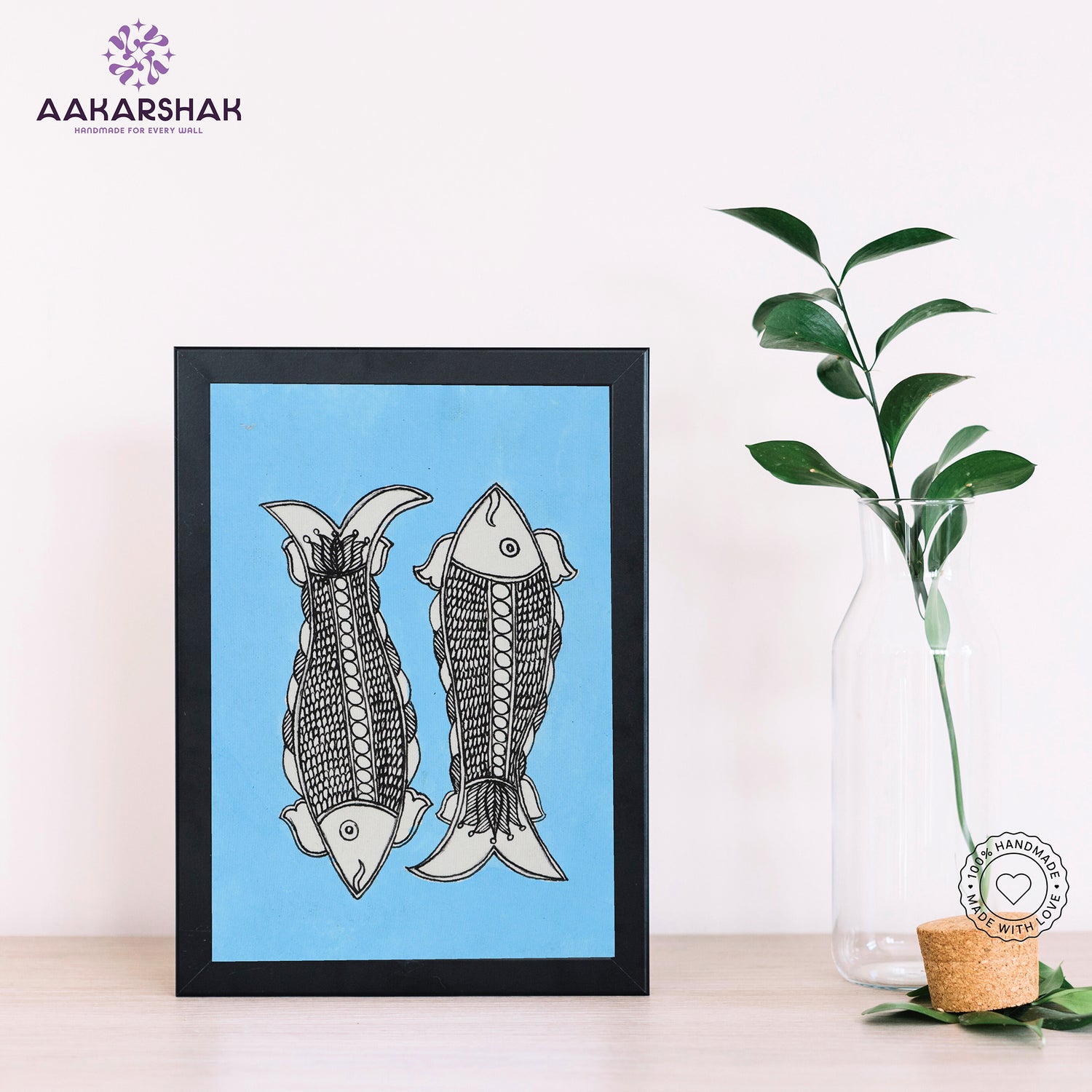 Handmade Madhubani fish painting-with tabletop stand for home decor
