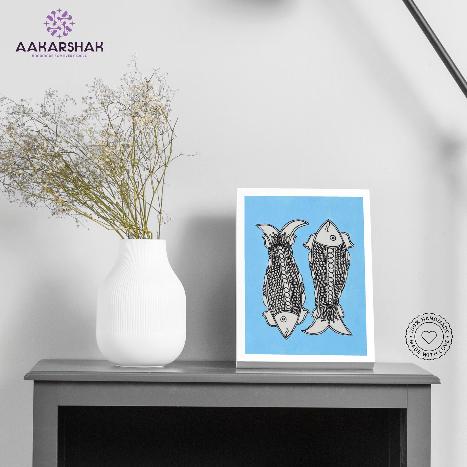 Handmade Madhubani fish painting-with tabletop stand for home decor

