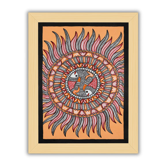 Framed artwork of a colorful fish with handmade madhubani painting 